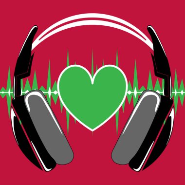 kulaklık, kalp, kırmızı arka planda nabız