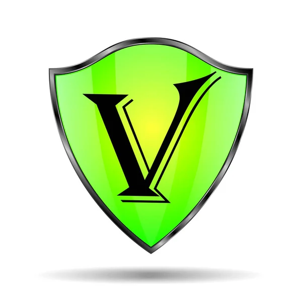 Groen schild icoon met letter V — Stockvector