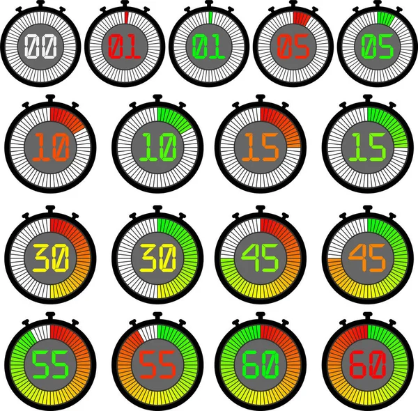 Kırmızı veya yeşilden başlayan degrade kadranlı elektronik kronometreyi ayarlayın. 00, 01, 05, 10, 15, 30, 45, 55, 60 — Stok Vektör