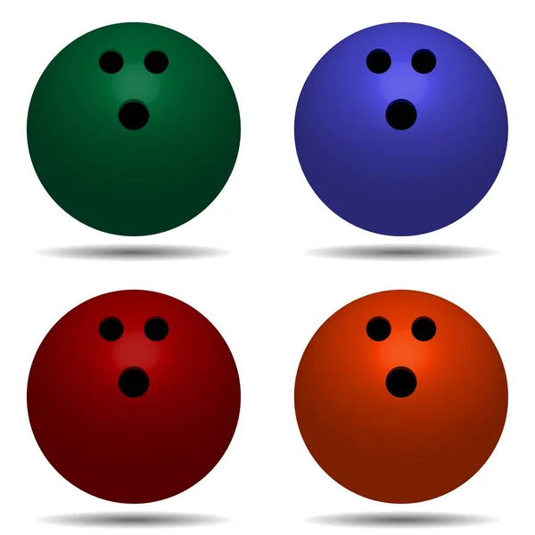 Jeu de boule de bowling avec ombre. Vert, rouge, bleu, orange — Image vectorielle