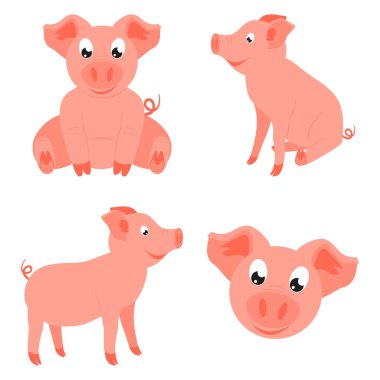 Renkli karikatür mutlu domuz ayarlayın. 2019 yıl Çince sembolü. Çiftlik hayvan vektör çizim simgesini, etiket işareti, yama, sertifika kartı, hediye kartı, damga, etiket, poster, web afiş için