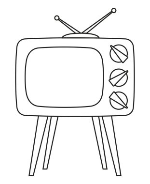 Çizgi sanatı siyah beyaz retro tv yüksek stand. Yetişkinler ve çocuklar için boyama sayfası. Medya tema vektör çizim simgesini, etiket işareti, yama, sertifika kartı, hediye kartı, etiket, poster, flayer davet için