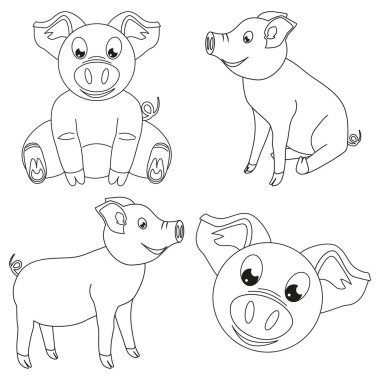 Sanat siyah beyaz mutlu domuz küme satır. 2019 yıl Çince sembolü. Çiftlik hayvan vektör çizim simgesini, etiket işareti, yama, sertifika kartı, hediye kartı, damga, etiket, poster, web afiş için