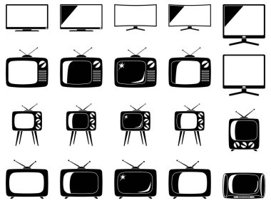 Siyah ve beyaz 20 öğe tv siluet kümesi