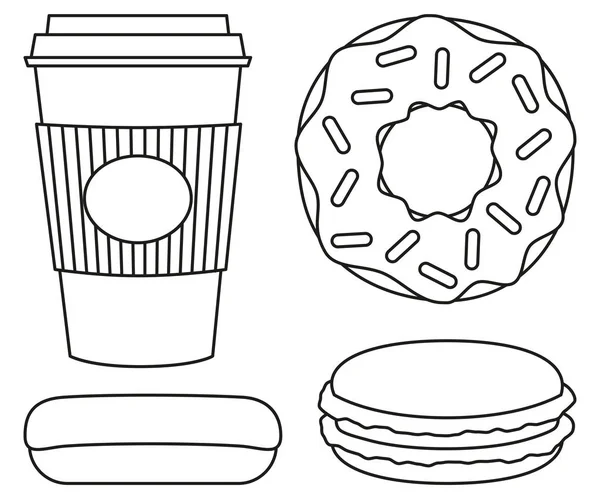 Linha de arte café preto e branco e donut set — Vetor de Stock