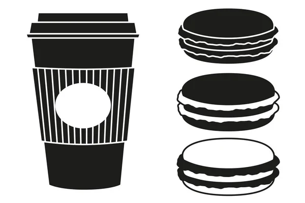 黒と白のコーヒーとマカロンのシルエットのセット — ストックベクタ