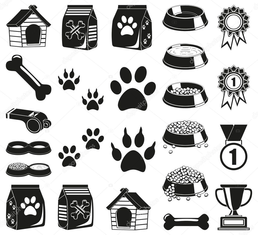 24 black and white pet care elements silhouette set