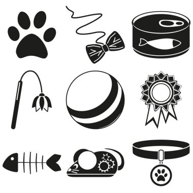 Siyah ve beyaz 9 kedi bakım siluet öğeleri