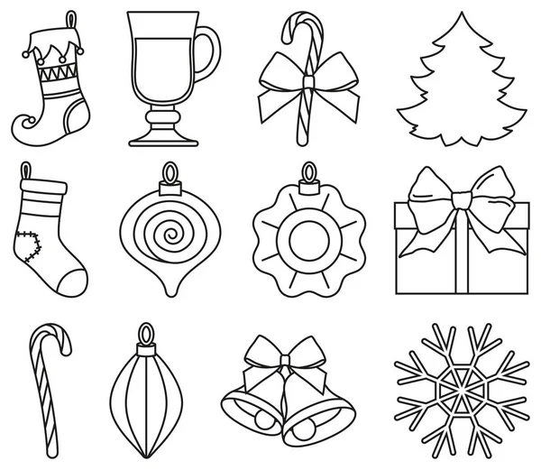 Ligne art noir et blanc 12 éléments de Noël ensemble — Image vectorielle
