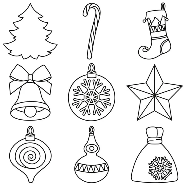 Línea de arte en blanco y negro 9 elementos de Navidad conjunto — Vector de stock
