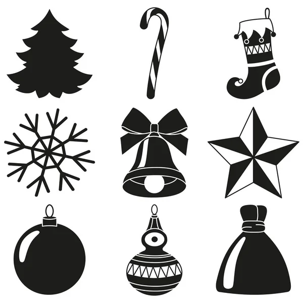 Schwarz-weiß 9 Weihnachtselemente Silhouette Set — Stockvektor