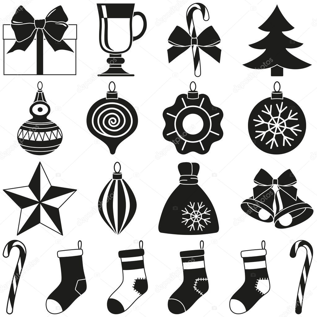 Black and white 18 xmas elements silhouette set. New year holiday decorations. Vector illustration for icon, logo, sticker, patch, label, badge, emblem, certificate, poster or gift card pattern