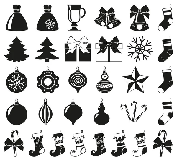 Zwart wit 32 kerst elementen silhouet set — Stockvector