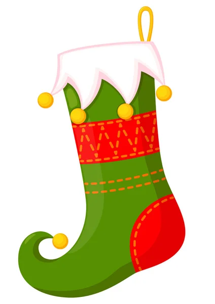カラフルな漫画クリスマス ストッキング アイコン ステッカー パッチ ラベル サイン バッジ 証明書またはギフト カードの装飾のための休日テーマのベクトル図 — ストックベクタ