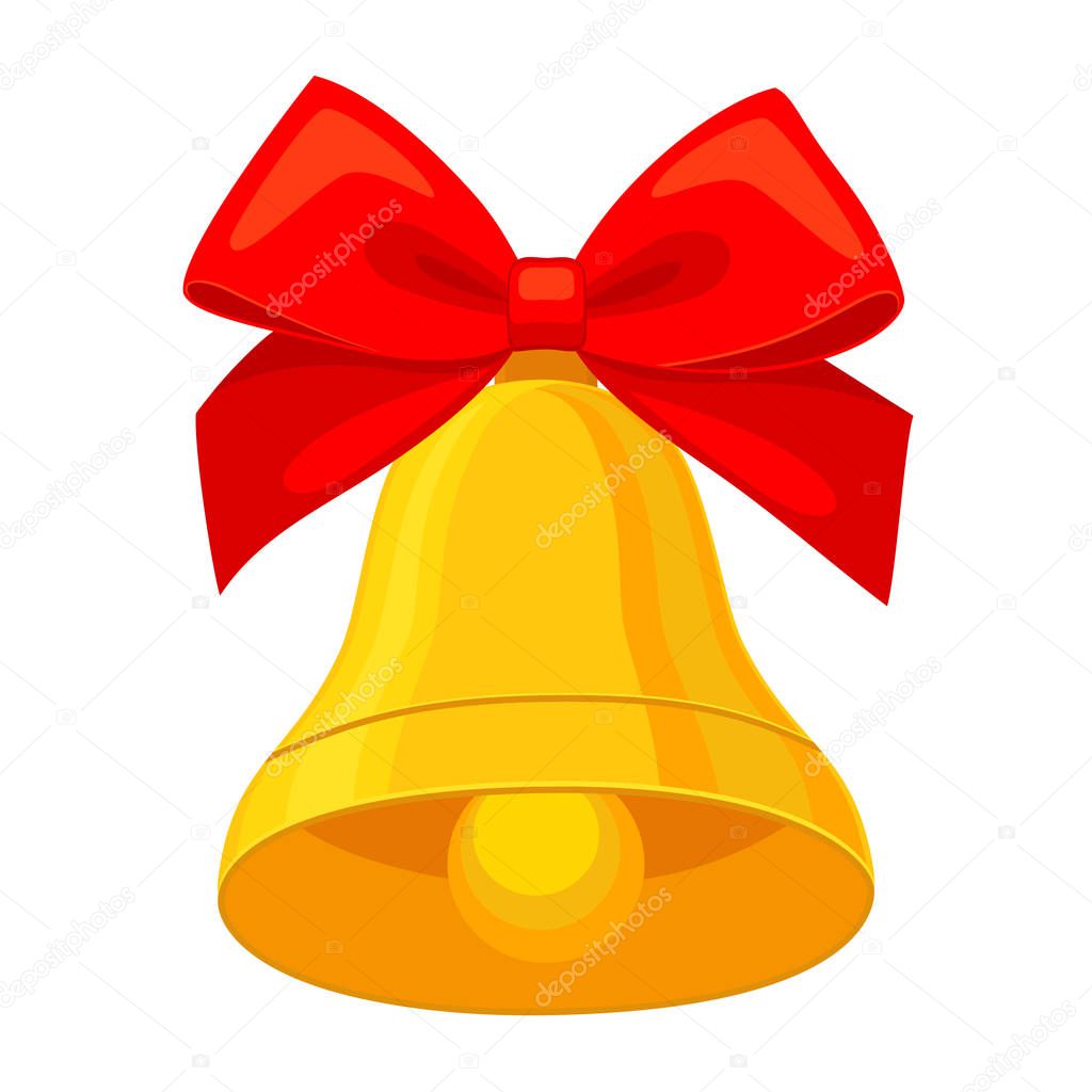 Colorful cartoon christmas bell. Bright new year themed vector illustration for icon, sticker, patch, label, sign, badge, certificate or gift card decoration