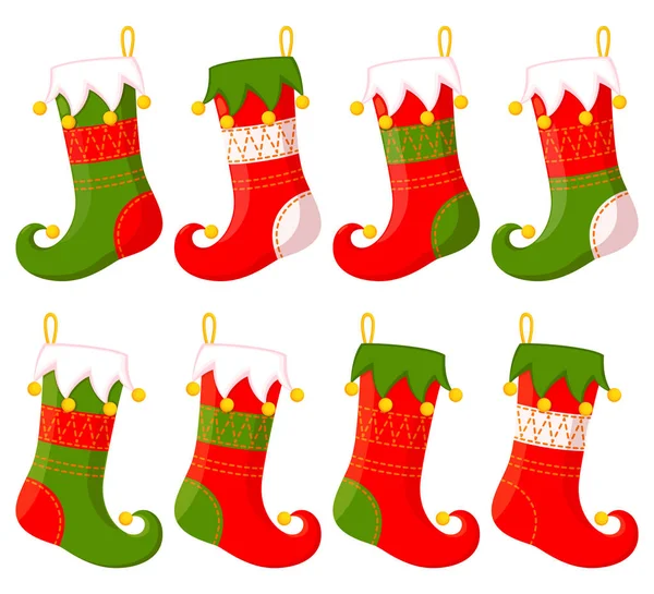 Colorful Cartoon Christmas Stocking Set Holiday Themed Vector Illustration Icon — Stock Vector