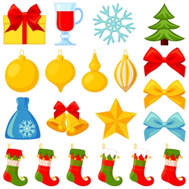Renkli çizgi film 20 xmas öğeleri ayarlayın. Yeni yıl tatil dekorasyon. Parlak vektör çizim simgesini, logo, etiket, yama, etiket, rozet, amblem, sertifika, poster veya hediye kartı deseni için