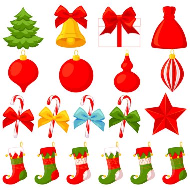 Renkli karikatür 19 Noel öğeleri ayarlayın. Yeni yıl tatil dekorasyon. Parlak vektör çizim simgesini, logo, etiket, yama, etiket, rozet, amblem, sertifika, poster veya hediye kartı deseni için