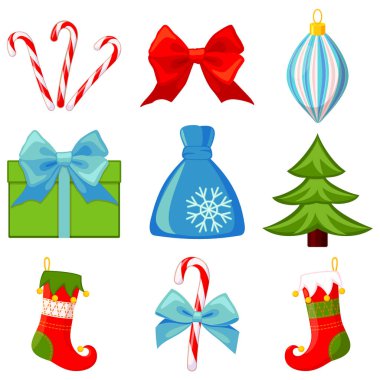 Renkli karikatür 9 Noel öğeleri ayarla. Yeni yıl tatil dekorasyon. Parlak vektör çizim simgesini, logo, etiket, yama, etiket, rozet, amblem, sertifika, poster veya hediye kartı deseni için