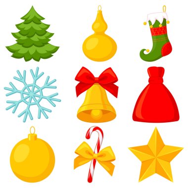 Renkli karikatür 9 xmas öğeleri ayarla. Yeni yıl tatil dekorasyon. Parlak vektör çizim simgesini, logo, etiket, yama, etiket, rozet, amblem, sertifika, poster veya hediye kartı deseni için
