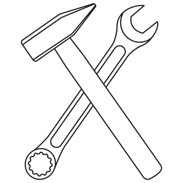 Line art black and white crossed hammer and wrench — Stock Vector