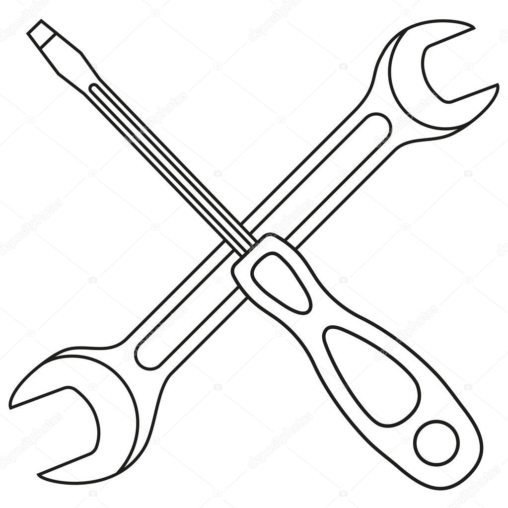 Line art black and white screwdriver wrench cross