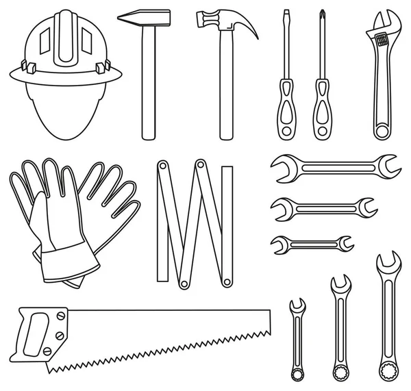 Line art svart och vitt 15 handyman verktyg set — Stock vektor