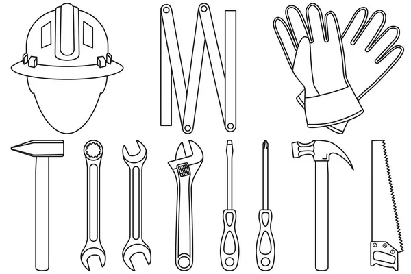 Line art svart och vit 11 handyman verktyg set — Stock vektor