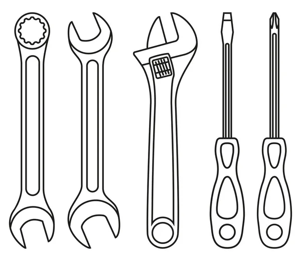 Line art svart och skiftnyckel skruvmejsel set — Stock vektor