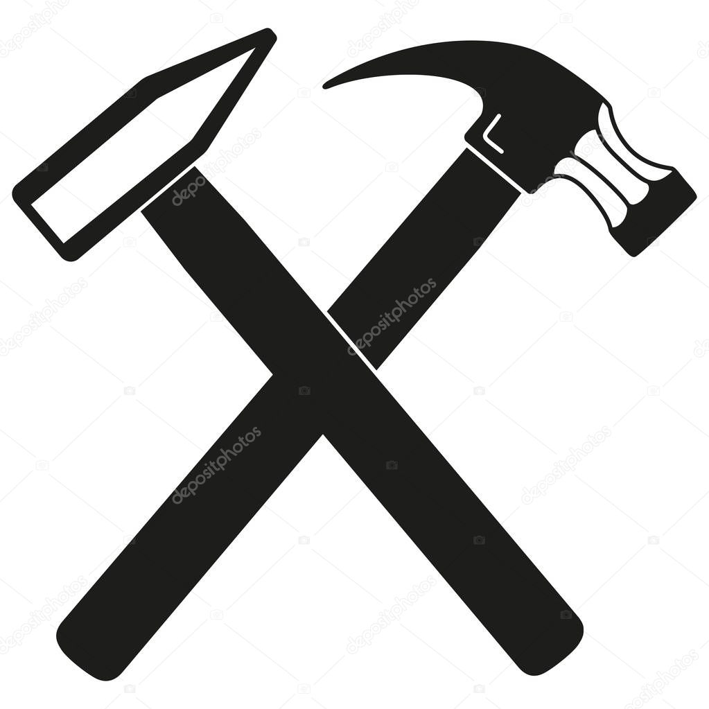 Black and white tow crossed hammers silhouette. Handymans tool for home repair. Construction themed vector illustration for icon, logo, sticker, patch, label, badge, certificate or flayer decoration
