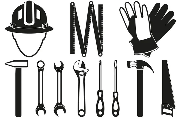 Preto e branco 11 handyman ferramentas conjunto silhueta —  Vetores de Stock
