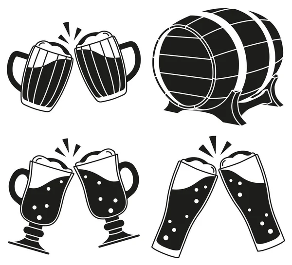 Ensemble silhouette de bière à tirage noir et blanc — Image vectorielle