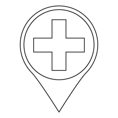 Sanat siyah beyaz Hastanesi harita işareti satır. Sağlık hizmeti işaretçi. Sağlık temalı vektör çizim simgesini, amblem, damga, etiket, rozet, sertifika, broşür ve afiş dekorasyon için