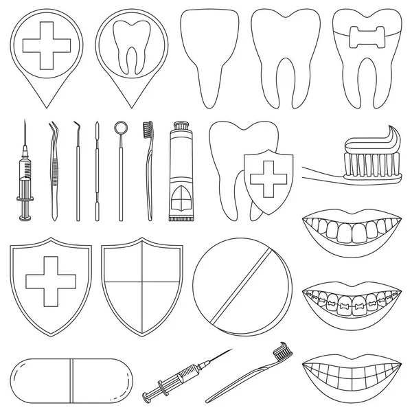 Line Art schwarz-weiß Dental 23 Elemente Set — Stockvektor
