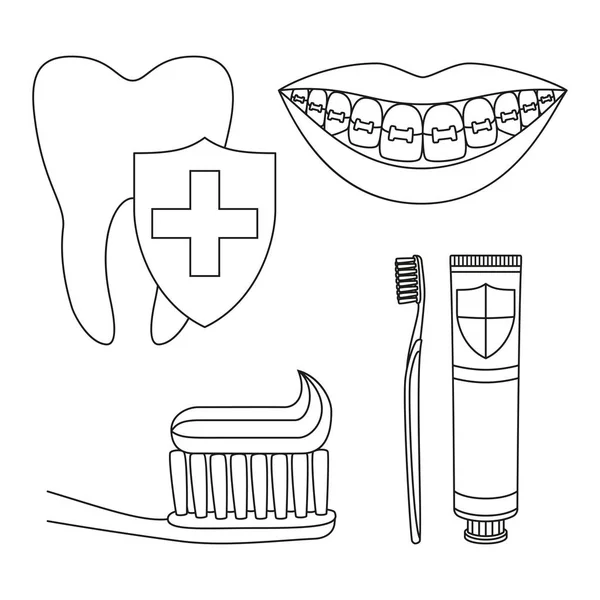 Linha arte preto e branco dentes limpeza conjunto —  Vetores de Stock