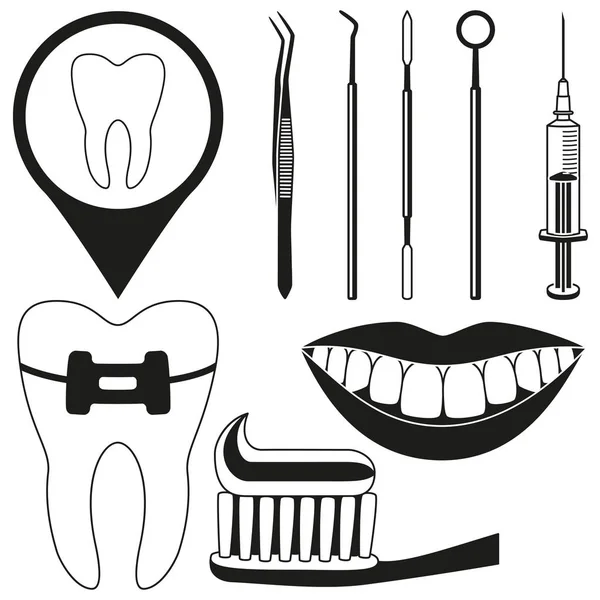 Verificação Dentária Preto Branco Elementos Silhueta Definido Conceito Cuidados Dentários —  Vetores de Stock