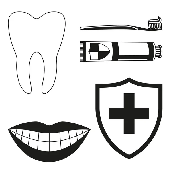 Dientes Blancos Negros Limpiando Set Silueta Elementos Concepto Adecuado Higiene — Vector de stock