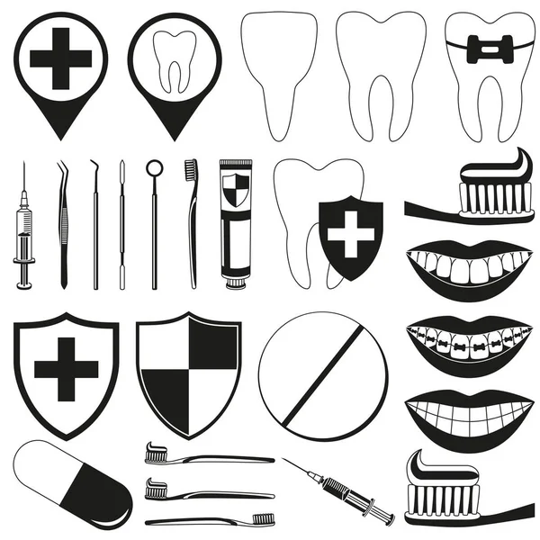 Schwarz Weiße Zahnärztliche Silhouettenelemente Set Rechtzeitige Zahnpflege Und Ordnungsgemäße Mundhygiene — Stockvektor