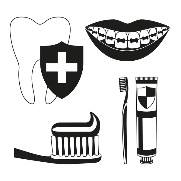 Blanco Negro Limpieza Dientes Conjunto Elementos Silueta Concepto Cuidado Dental — Vector de stock