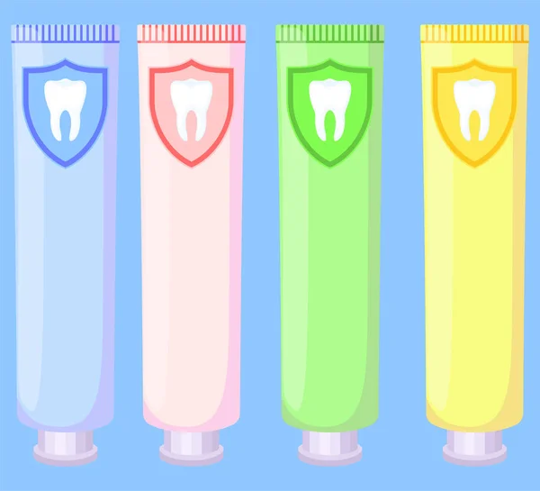 Multicolor Cartoon Zahnpastatuben Set Richtige Mundhygiene Konzept Vektor Illustration Für — Stockvektor