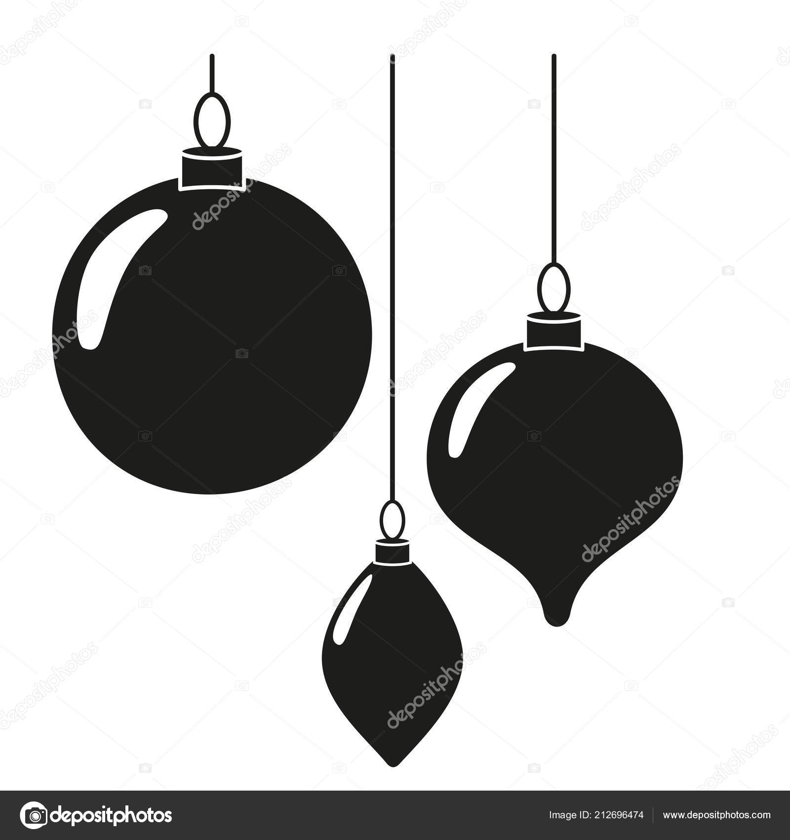 Black and white christmas tree decorations silhouette set Three hanging xmas baubles New year holiday themed vector illustration for icon stamp label