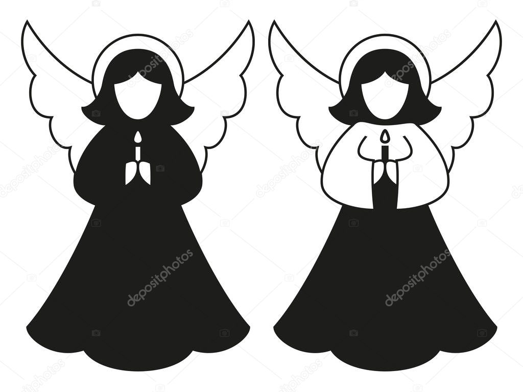Black and white christmas angel pair silhouette. Religion symbol. Xmas themed vector illustration for icon, logo, stamp, label, badge, certificate, poster or gift card decoration
