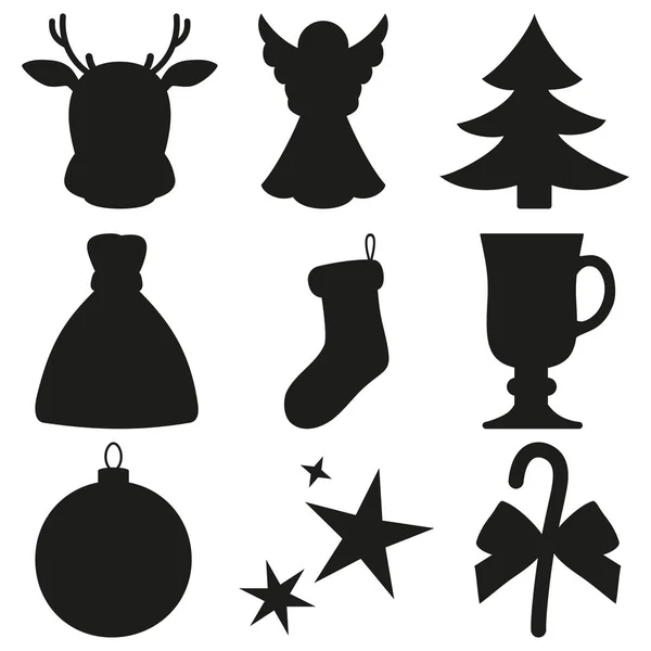 Schwarz-weiß 9 Weihnachtselemente Silhouette Set. — Stockvektor