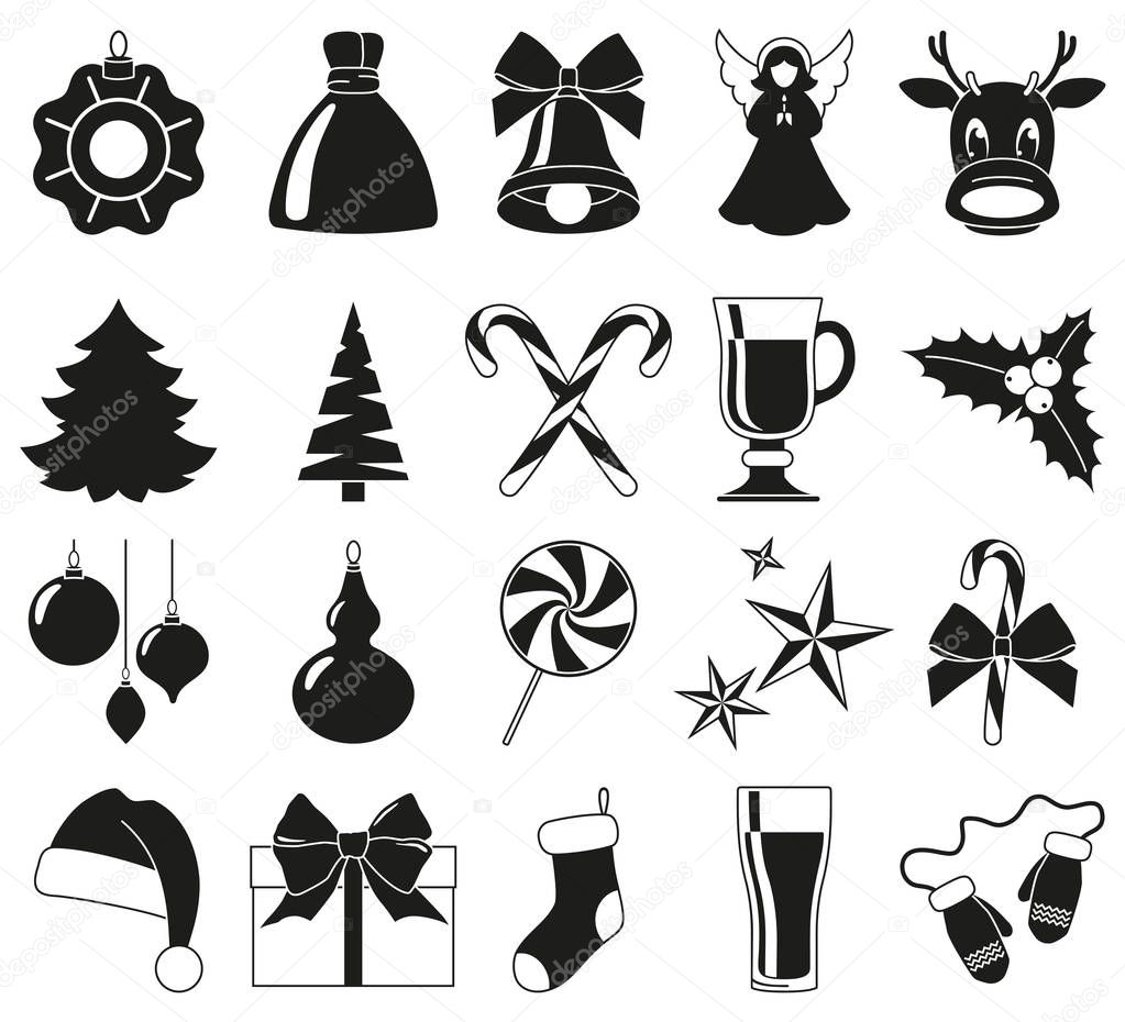 Black and 20 xmas elements. New year holiday decorations. Christmas themed vector illustration for icon, logo, sticker, patch, label, sign, badge, certificate or gift card decoration
