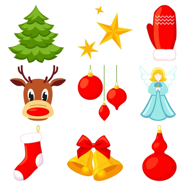 9 színes rajzfilm xmas elemek beállítása. — Stock Vector