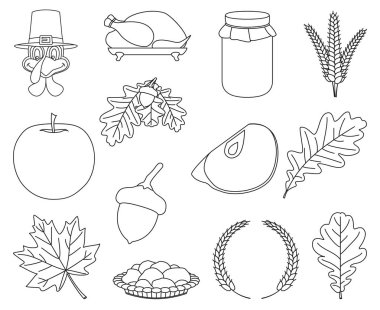 13 sanat siyah beyaz Şükran günü öğeleri satır