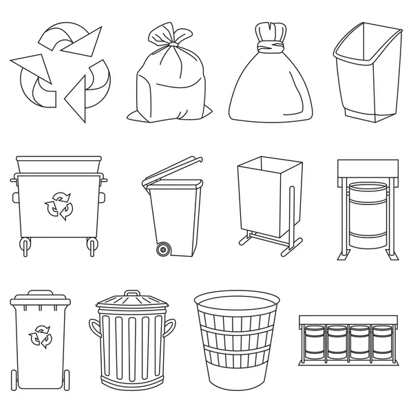 Línea de arte colección de elementos de basura en blanco y negro — Vector de stock