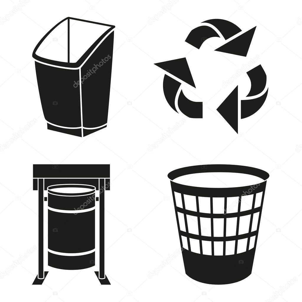 Black and white recycling garbage silhouette set. Trash bins and recycle sign. Waste disposal themed vector illustration for icon, logo, stamp, label, emblem, certificate, leaflet or banner decoration