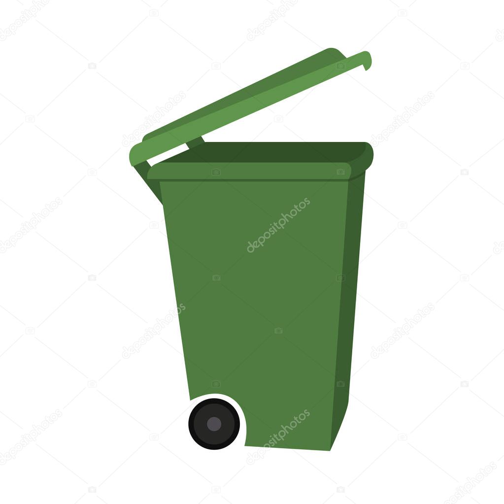 Colorful cartoon open dumpster side view. Street recycle trash contaner. Waste disposal themed vector illustration for icon, logo, stamp, label, emblem, certificate, brochure or banner decoration