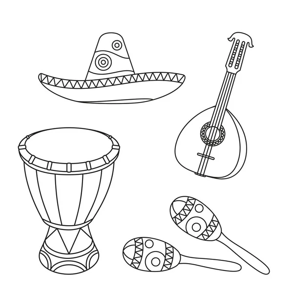 Лінійне мистецтво чорно-білий мексиканський музичний набір . — стоковий вектор
